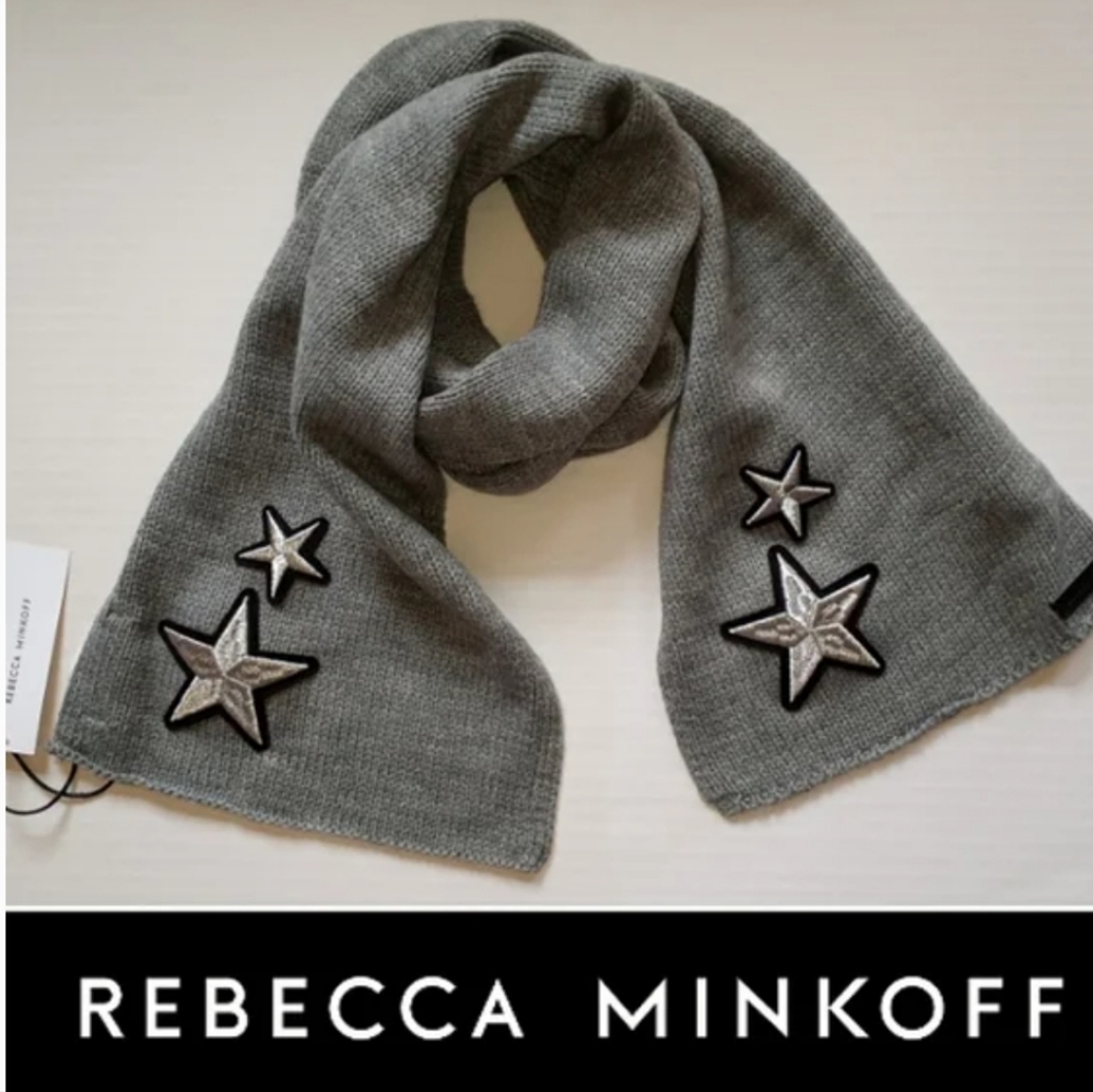 Rebecca Minkoff Gray Knit Star Embroidered Applique Scarf